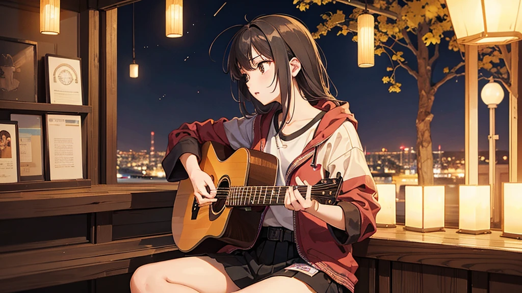 Time is night。At a fairly far distance、A girl around 15 years old is playing an acoustic guitar alone, looking lonely.。
