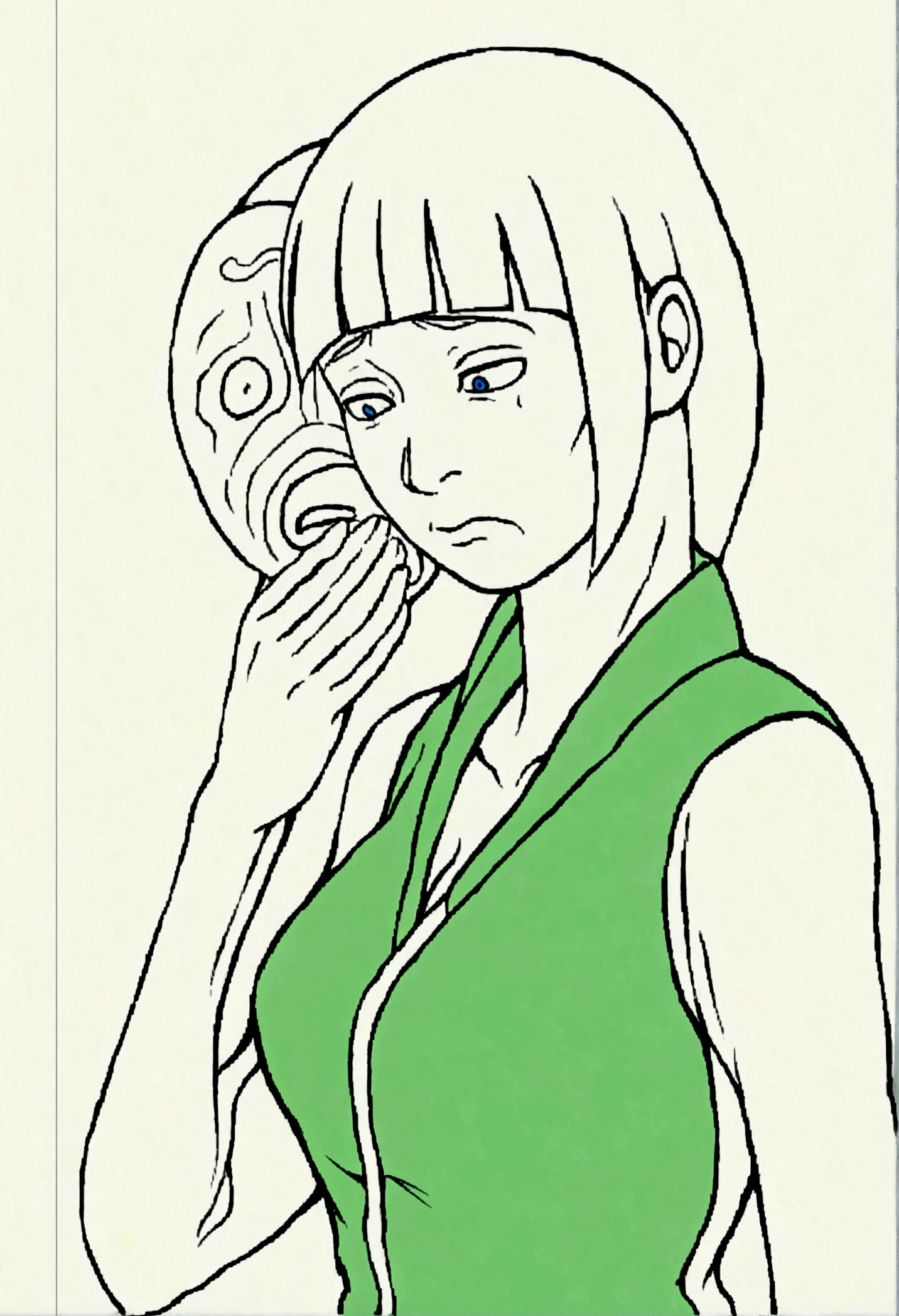 A tall woman with white hair, holding an ANBU mask from Naruto, sad expression, wearing a Konoha green vest, Kishimoto-style lineart, Naruto 2D style