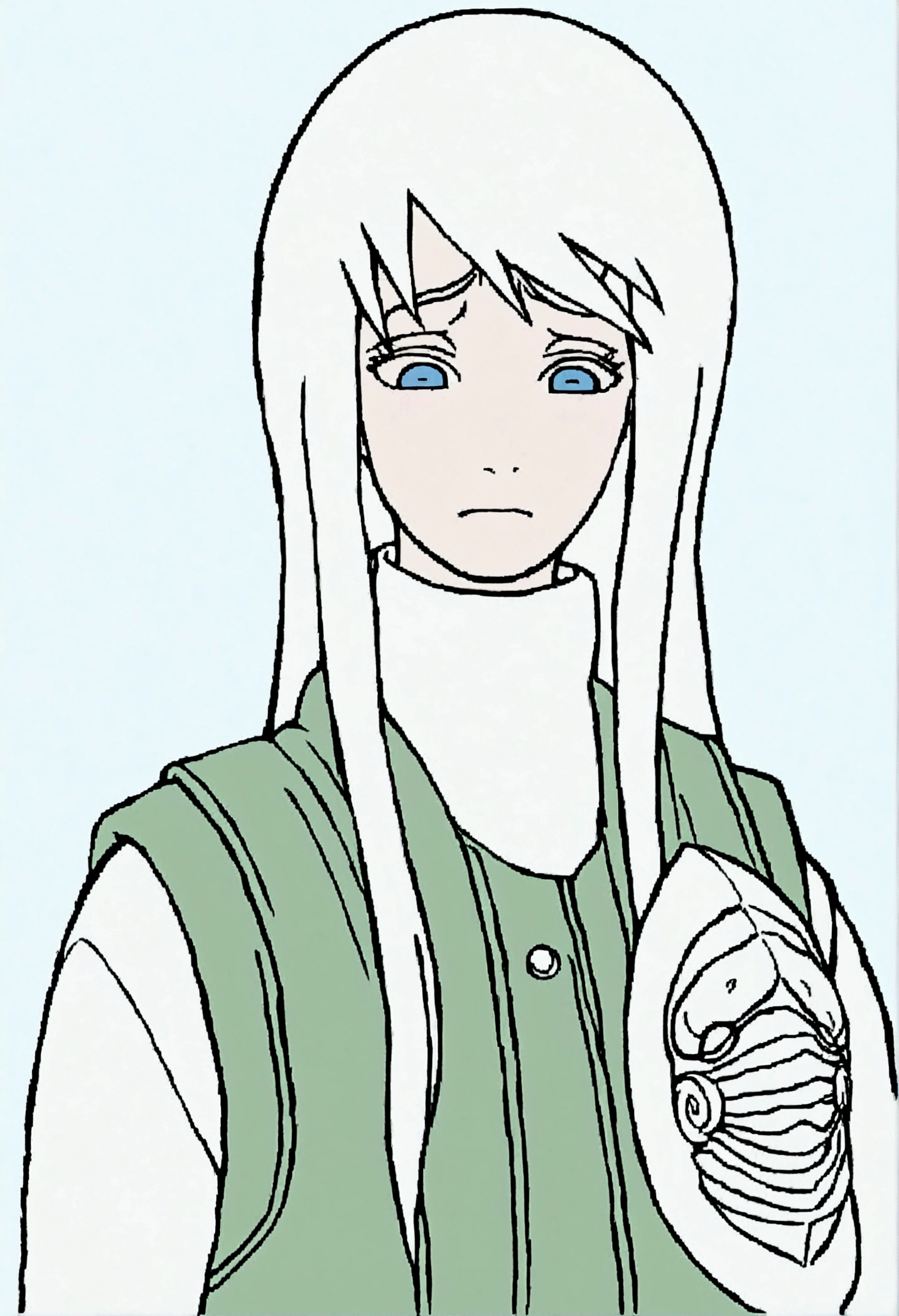 A tall woman with white hair, holding an ANBU mask from Naruto, sad expression, wearing a Konoha green vest, Kishimoto-style lineart, Naruto 2D style