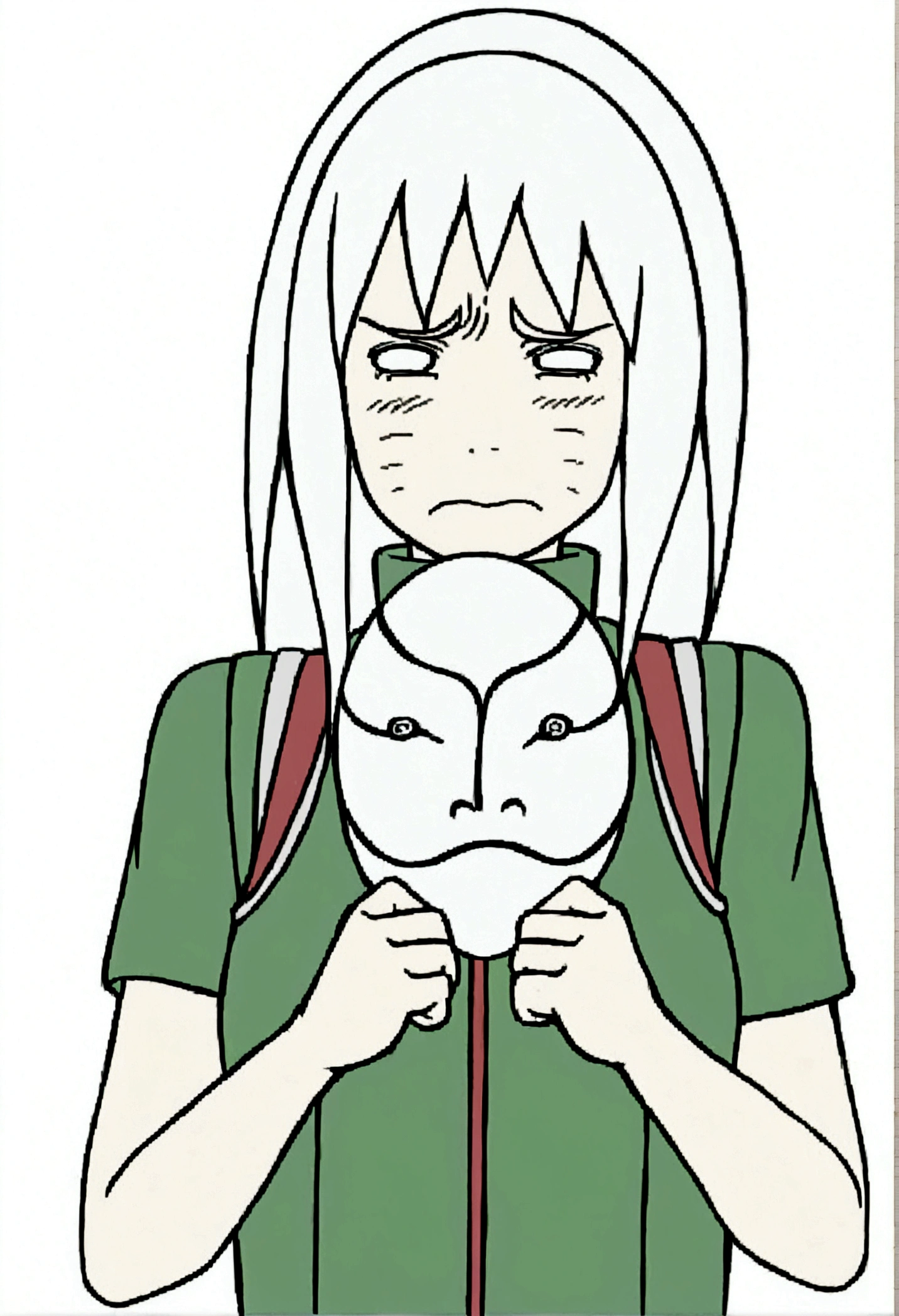 A tall woman with white hair, holding an ANBU mask from Naruto, sad expression, wearing a Konoha green vest, Kishimoto-style lineart, Naruto 2D style