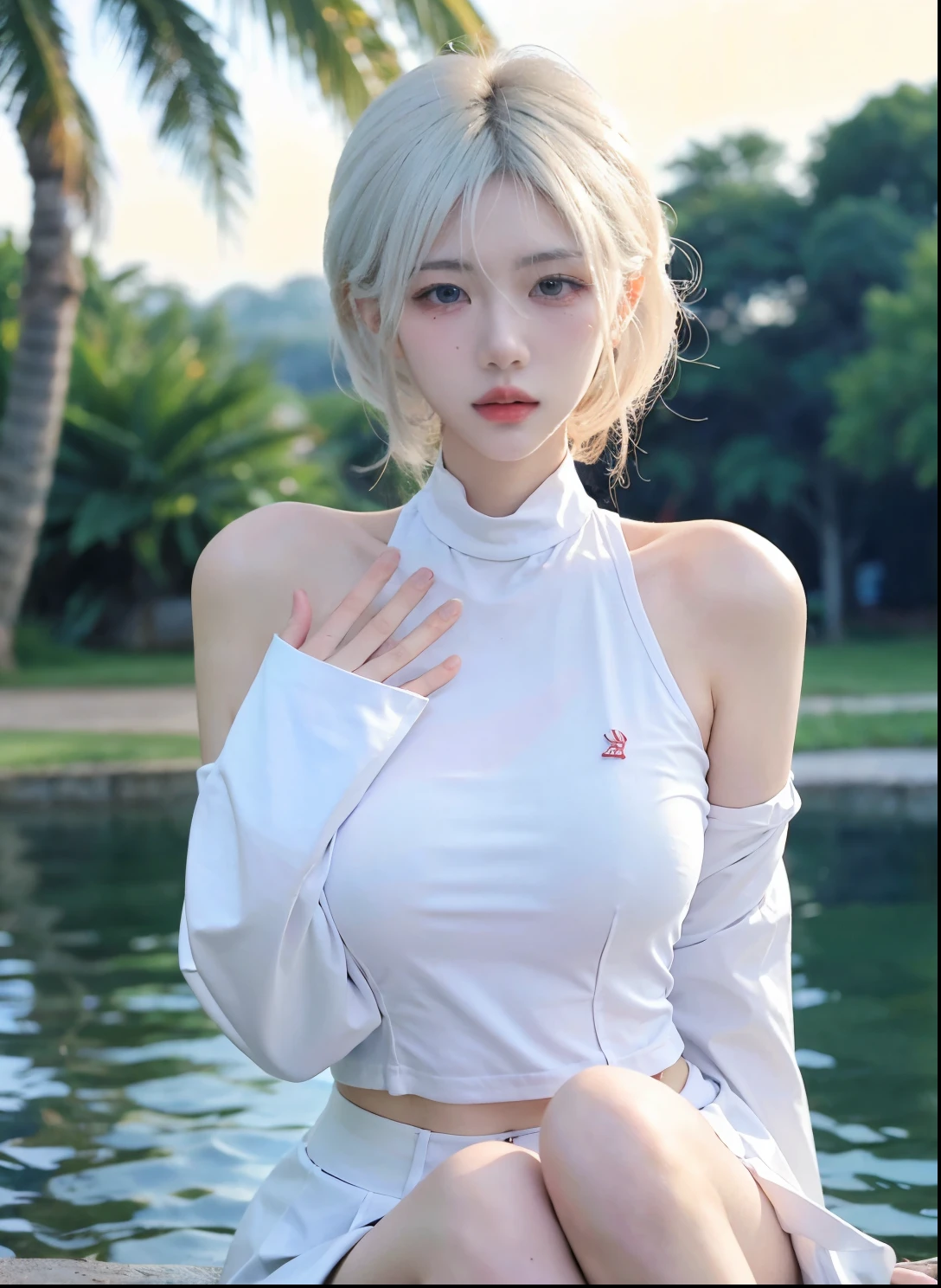 Beautiful woman with perfect figure:1.4，Swimming background，Desert Background，Ultra-high resolution，Seductive laughter，wear glasses，（lifelike：1.4），Layered Hairstyle，White皮肤，Super short pleated skirt，whole body，Very delicate face and skin texture，Double eyelids，Skin Whitening，Long hair，White hair，White，