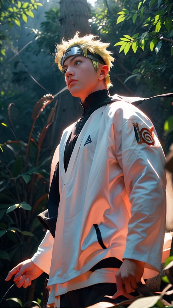 (best quality), (masterpiece), ultra-detailed, 1boy, uzumaki naruto, epic pose, action, combat, particle effects, long sleeve, emphasis lines, movement lines, (swirling:1.2), kamehameha, electricity, aura, combat in the forest vs samurai 1.4, combat in the forest bamboo,