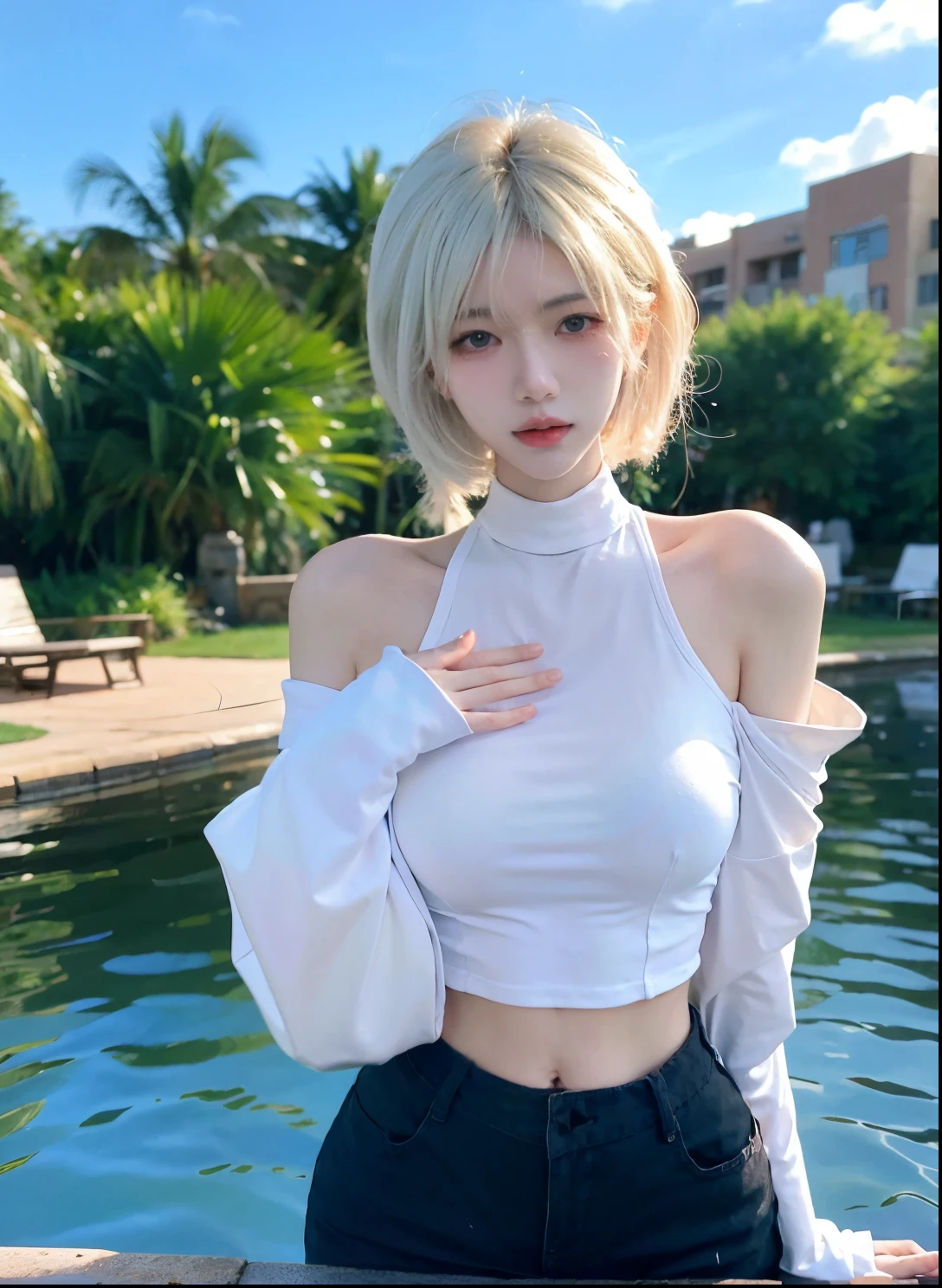 Beautiful woman with perfect figure:1.4,Swimming background,Desert Background,Ultra-high resolution,Seductive laughter,wear glasses,(lifelike:1.4),Layered Hairstyle,White皮肤,Super short pleated skirt,whole body,Very delicate face and skin texture,Double eyelids,Skin Whitening,Long hair,White hair,White,