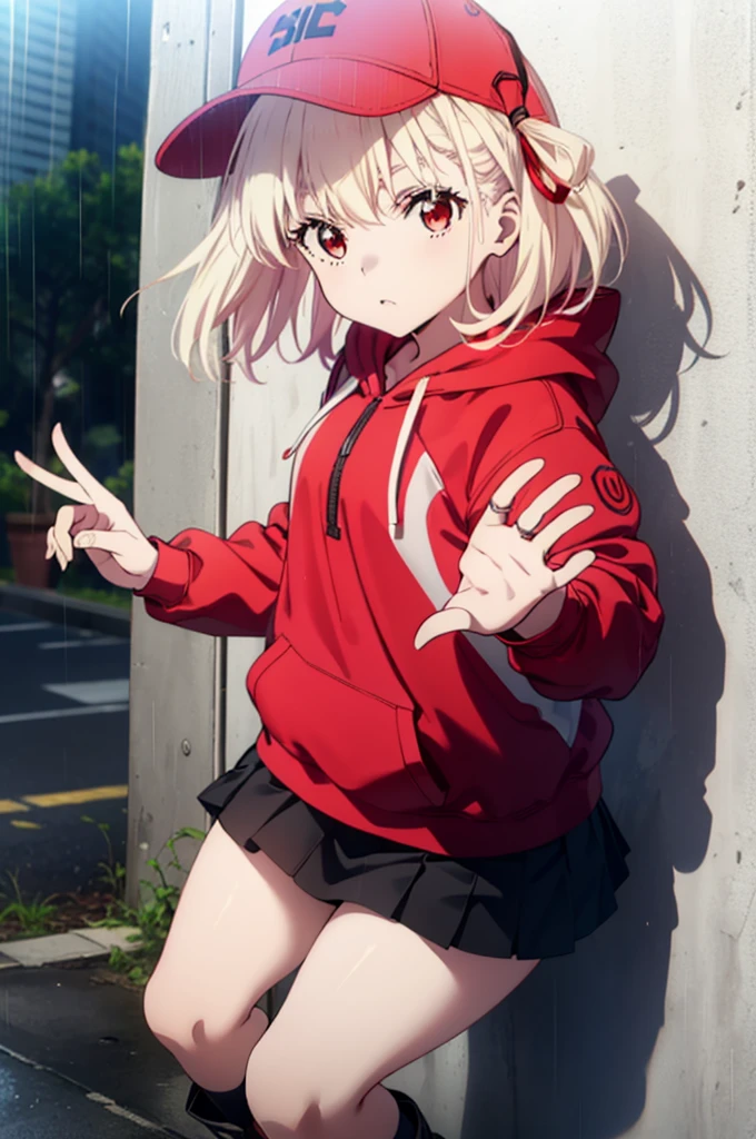 , Chisato Nishikigi, long, bangs, Blonde, (Red eyes:1.5), Baseball cap,Oversized red hoodie,mini skirt,Black knee socks,short boots,Standing leaning against the wall,rain,cloudy,Hide under the roof,whole bodyがイラストに入るように,
break outdoors, alley,
break looking at viewer, whole body,
break (masterpiece:1.2), Highest quality, High resolution, unity 8k wallpaper, (shape:0.8), (Beautiful attention to detail:1.6), extレムely detailed face, Perfect lighting, extレムely detailed CG, (Perfect hands, Perfect Anatomy),