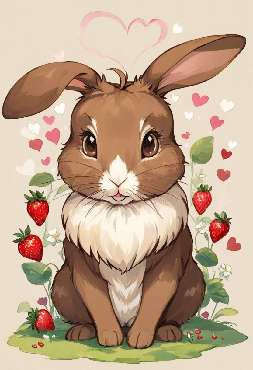 brown rabbit, with dark colored legs. He has very big ears and has a strawberry on his nose., He also has very long eyelashes and has white hearts on his fur. , alice in wonderland style