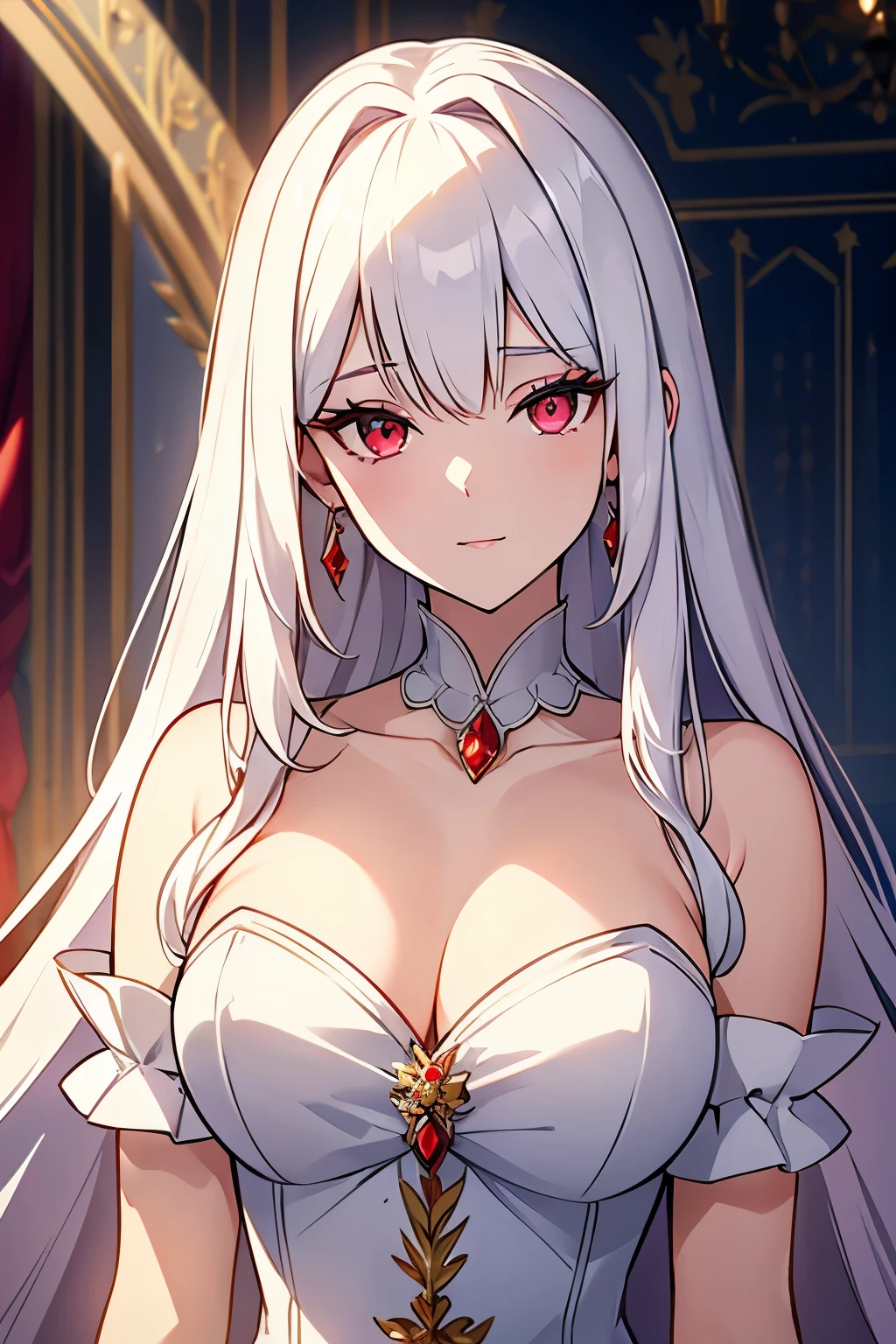 Young woman, Shiny white hair, red eyes, long hair, ใบหน้าbeautiful, luxary princess dress, , beautiful, collarbone, open , Bright face,  Royal high, party background, ((Highest quality, Best Performance, Maximum details, Light and shadow details:1.2, 4k details))