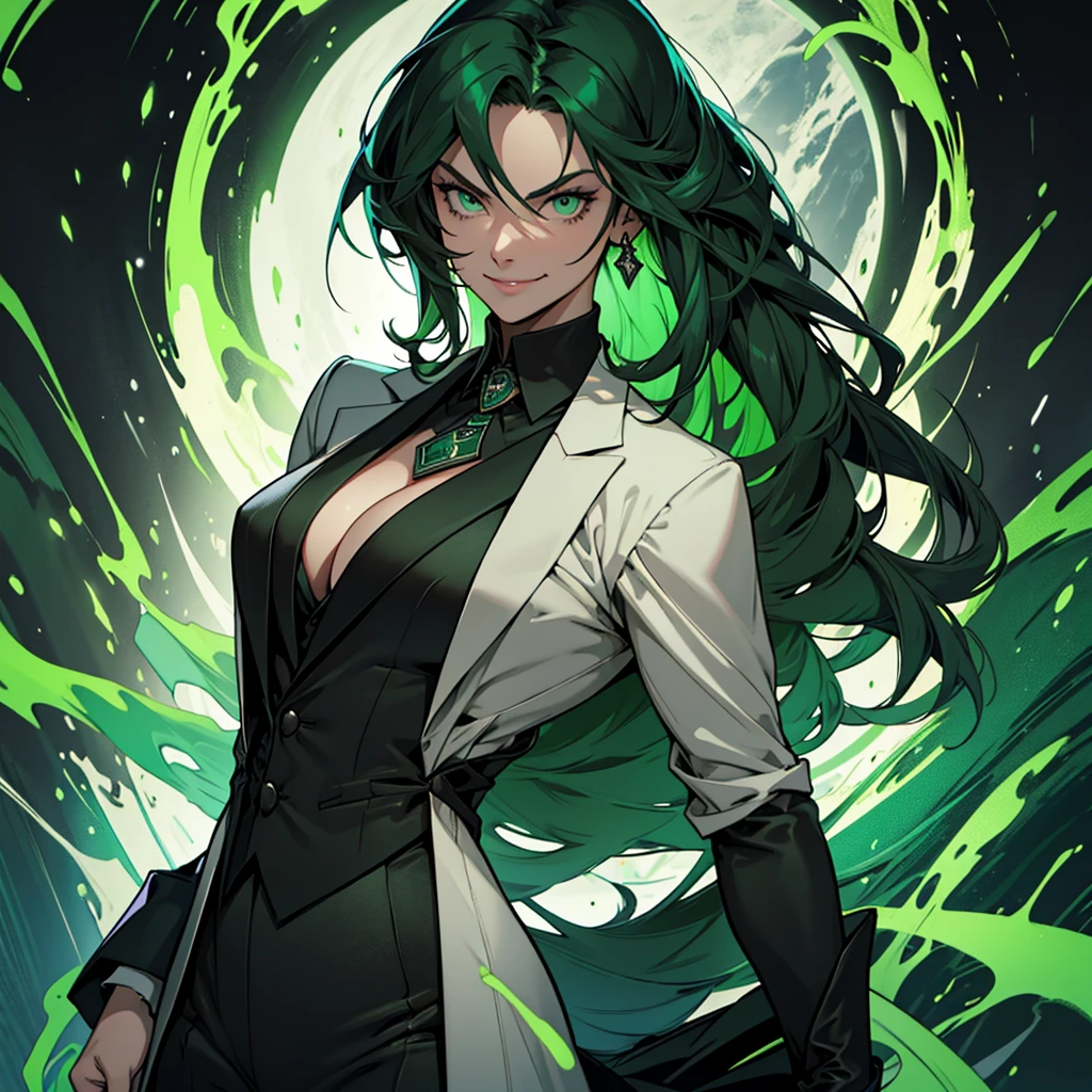 A 30 year old woman, woman, female, just one person, just one person, dark green hair, long hair, dark green eyes, serious face, malicious smile, big chest, medieval period, wearing a suit, black suit, tuxedo, wearing a black tuxedo, medieval background, Ultra HD 4k, 4k, Ultra HD
