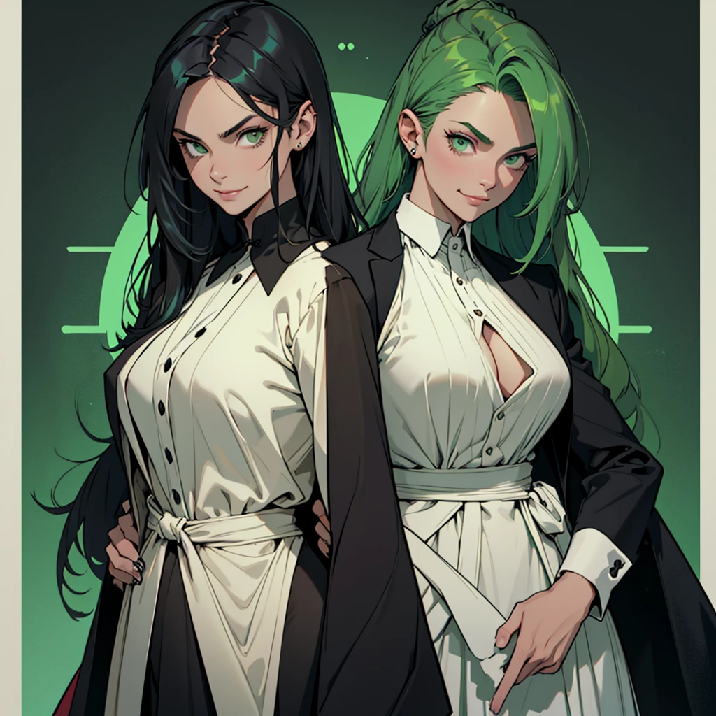 A 30 year old woman, woman, female, just one person, just one person, dark green hair, long hair, dark green eyes, serious face, malicious smile, big chest, medieval period, wearing a suit, black suit, tuxedo, wearing a black tuxedo, medieval background, Ultra HD 4k, 4k, Ultra HD