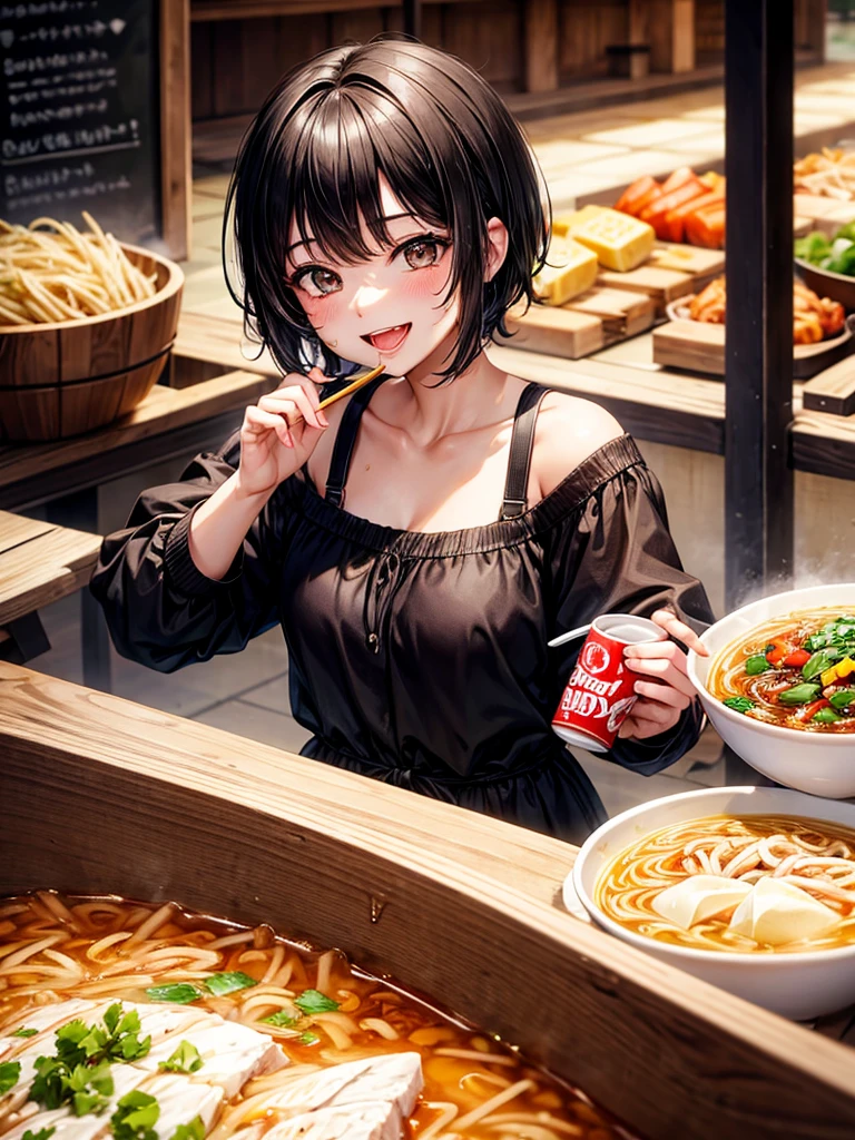 Highest Resolution,Highest quality,Smiling while looking at the ramen,Girl with open mouth and saliva dripping,Black short hair,up,