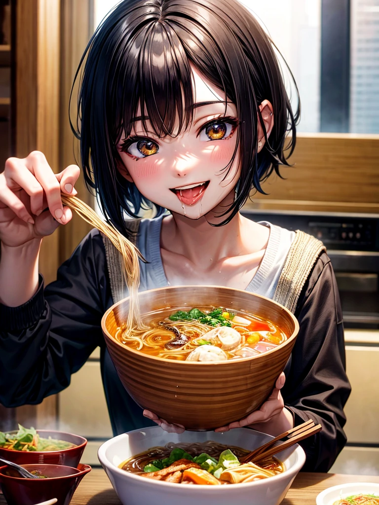 Highest Resolution,Highest quality,Smiling while looking at the ramen,Girl with open mouth and saliva dripping,Black short hair,up,