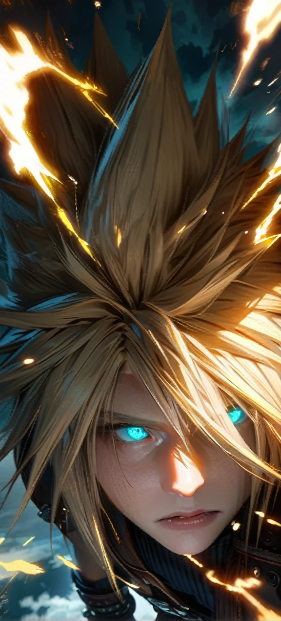 Symetrical,absurdres, highres, ultra detailed, HDR, masterpiece, extremely detailed face and eyes, Cloud Strife,final fantasy 7, yellow hair , , solo, man, handsome, ,, , Epic fight scene, yellow lightning effect, glowing glitters, symetrical , close up