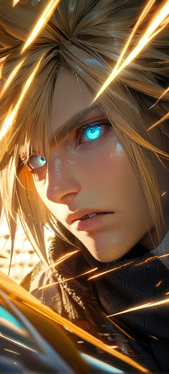 Symetrical,absurdres, highres, ultra detailed, HDR, masterpiece, extremely detailed face and eyes, Cloud Strife,final fantasy 7, yellow hair , , solo, man, handsome, ,, , Epic fight scene, yellow lightning effect, glowing glitters, symetrical , close up