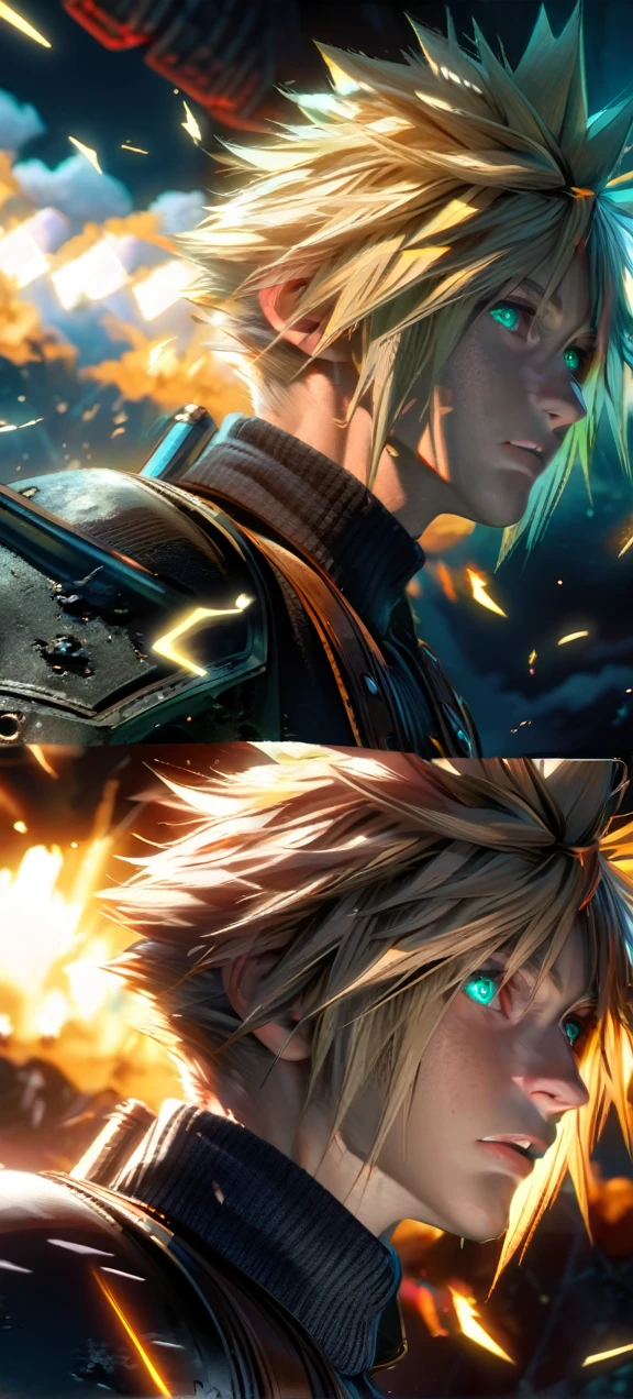 Symetrical,absurdres, highres, ultra detailed, HDR, masterpiece, extremely detailed face and eyes, Cloud Strife,final fantasy 7, yellow hair , , solo, man, handsome, ,, , Epic fight scene, yellow lightning effect, glowing glitters, symetrical , close up