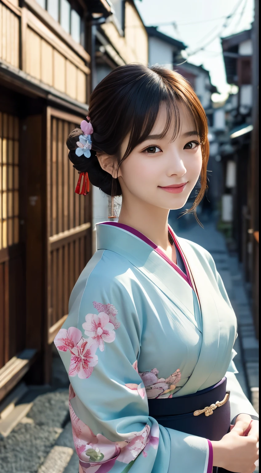 Professional Lighting,(Photorealistic:1.4), (Top image quality:1.0), (超A high resolution:1.0), 8K, Raw photography, (masterpiece:0.2), (Facing the children_v1:0.5)、(最高quality Detail:1.2)、Realistic、8K Ultra HD、High resolution、(1 girl:1.2)、超detailedな、High quality textures、複雑なdetailed、detailed、Very detailed CG、High quality shadows、detailed 美しく繊細な顔、Beautiful details and a delicate eye、(Symmetrical eyes:1.2),Written boundary depth、Ray Tracing,1 girl, Japanese Girls, (Natural smile:1.4),cute, thin, Portrait of a beautiful Japanese woman in a kimono, Standing elegantly on a street corner in Kyoto. Kimono with vibrant traditional patterns, Hair decorated with elegant and delicate hairpins, Gentle expression. (With the old streets of Kyoto in the background:1.4)、The soft light of a spring afternoon、Adding tranquility to the scene. Rendered in a Realistic style with great attention to detail, High resolutionの画像.Sky Porn, Magic Hour, (Realistic:1.3), finely, quality, (Tabletop:1.2), (Realistic:1.2), (最高quality), (複雑なdetailed), dramatic, Ray Tracing, photograph, +roller