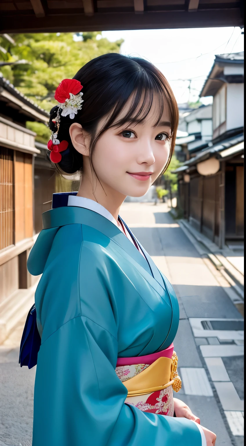 Professional Lighting,(Photorealistic:1.4), (Top image quality:1.0), (超A high resolution:1.0), 8K, Raw photography, (masterpiece:0.2), (Facing the children_v1:0.5)、(最高quality Detail:1.2)、Realistic、8K Ultra HD、High resolution、(1 girl:1.2)、超detailedな、High quality textures、複雑なdetailed、detailed、Very detailed CG、High quality shadows、detailed 美しく繊細な顔、Beautiful details and a delicate eye、(Symmetrical eyes:1.2),Written boundary depth、Ray Tracing,1 girl, Japanese Girls, (Natural smile:1.4),cute, thin, Portrait of a beautiful Japanese woman in a kimono, Standing elegantly on a street corner in Kyoto. Kimono with vibrant traditional patterns, Hair decorated with elegant and delicate hairpins, Gentle expression. (With the old streets of Kyoto in the background:1.4)、The soft light of a spring afternoon、Adding tranquility to the scene. Rendered in a Realistic style with great attention to detail, High resolutionの画像.Sky Porn, Magic Hour, (Realistic:1.3), finely, quality, (Tabletop:1.2), (Realistic:1.2), (最高quality), (複雑なdetailed), dramatic, Ray Tracing, photograph, +roller