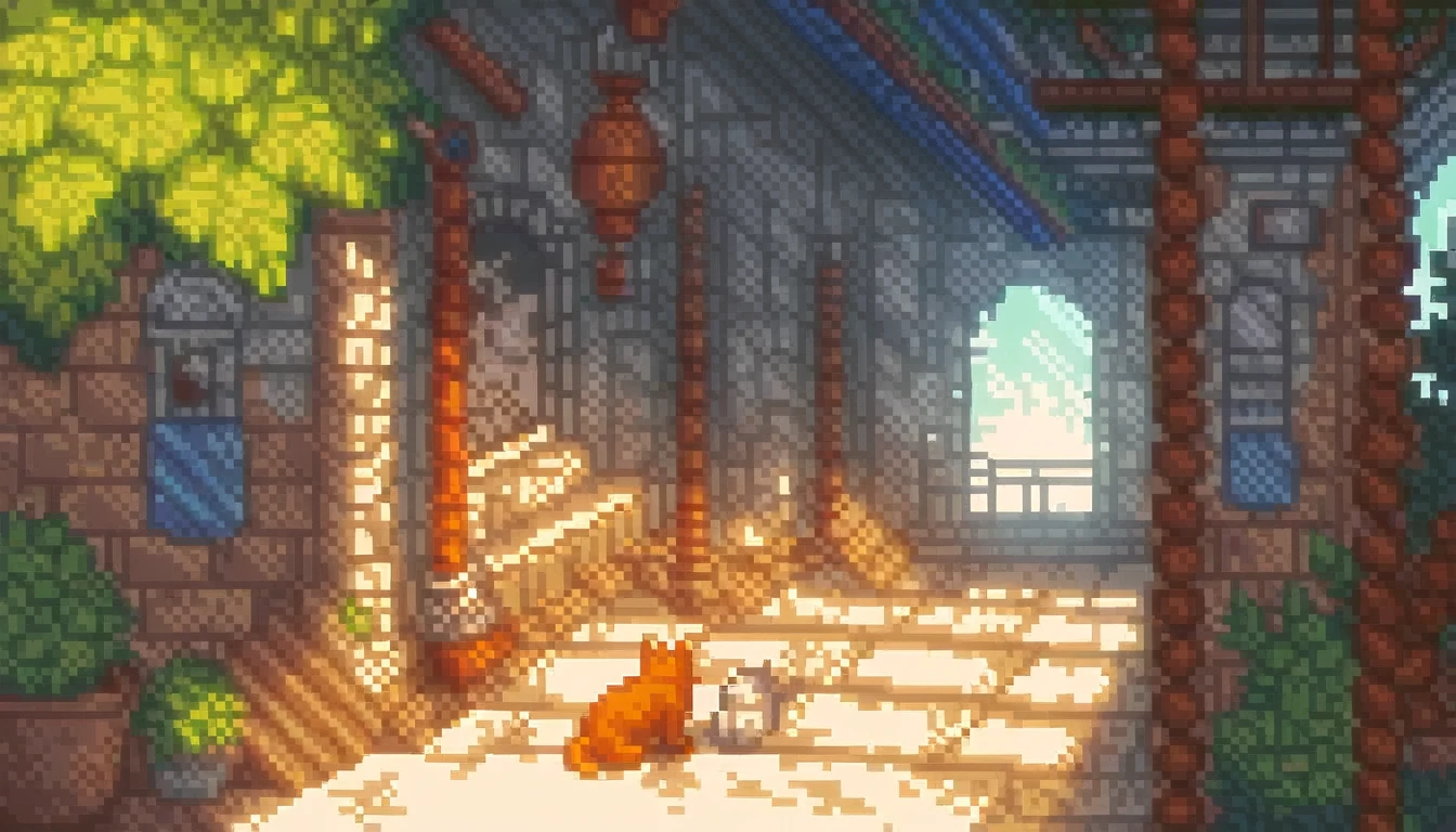 score_9, score_8_up, score_7_up, Pixel art, A boy sitting in an abandoned train station, plants, cats, sunny, diagonal lights, ruins
