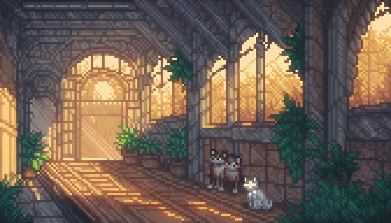 score_9, score_8_up, score_7_up, Pixel art, A boy sitting in an abandoned train station, plants, cats, sunny, diagonal lights, ruins
