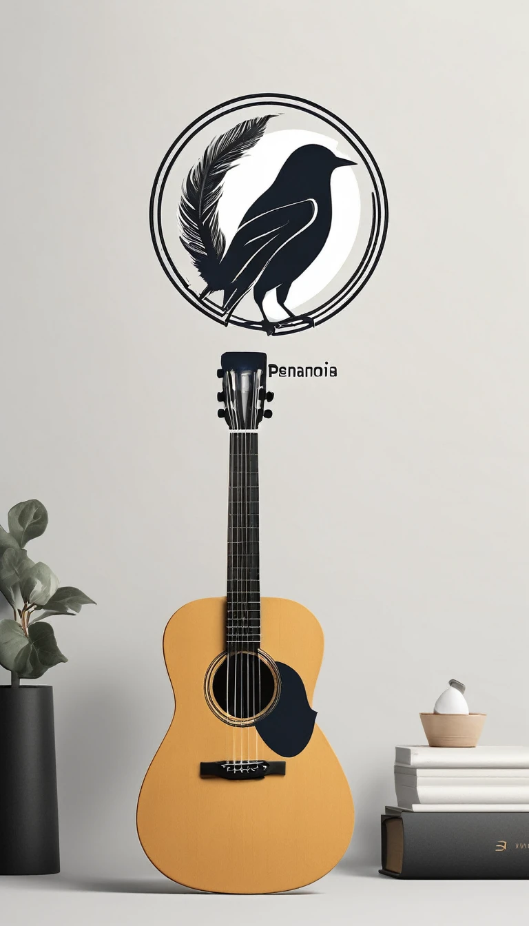 A minimal, modern, simple, cinematic logotype for the brand “Penamemoria". The logotype must be a simple, magical feather and a boy playing acoustic guitar. The logo must convey a sense of music, stories and dreams. Logo design impressed on a book cover. Minimalistic logo