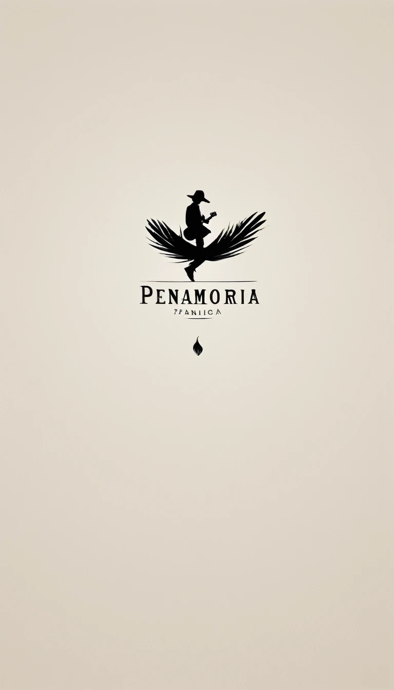 A minimal, modern, simple, cinematic logotype for the brand “Penamemoria". The logotype must be a simple, magical feather and a boy playing acoustic guitar. The logo must convey a sense of music, stories and dreams. Logo design impressed on a book cover. Minimalistic logo