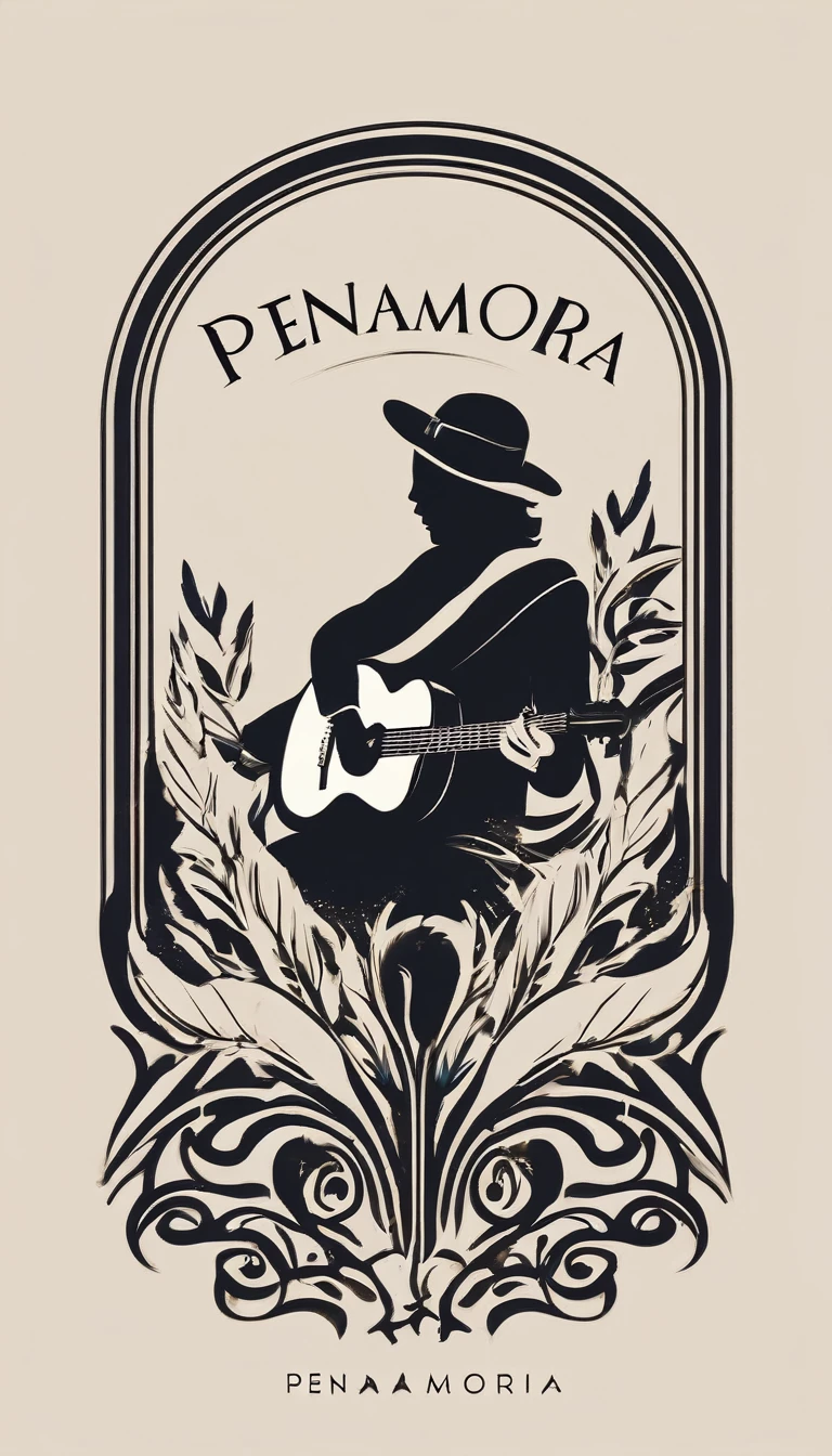 A minimal, modern, simple, cinematic logotype for the brand “Penamemoria". The logotype must be a simple, magical feather and a boy playing acoustic guitar. The logo must convey a sense of music, stories and dreams. Logo design impressed on a book cover. Minimalistic logo