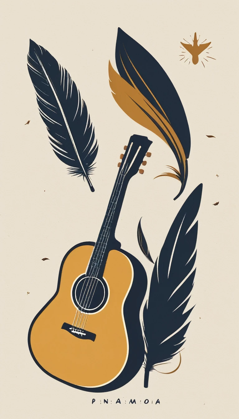 A minimal, modern, simple, cinematic logotype for the brand “Penamemoria". The logotype must be a simple, magical feather and a boy playing acoustic guitar. The logo must convey a sense of music, stories and dreams. Logo design impressed on a book cover. Minimalistic logo