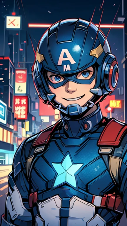 (8k),(masterpiece),(Japanese),(13-year-old boy),((innocent look)),((Childish)),From the front,smile,cute,Innocent,Kind eyes,Flat chest, Captain America, Blue Helmet, Blue Domino Mask,Short,Hair covered by helmet,Blonde Hair,Strong wind,night,dark, Neon light cyberpunk city