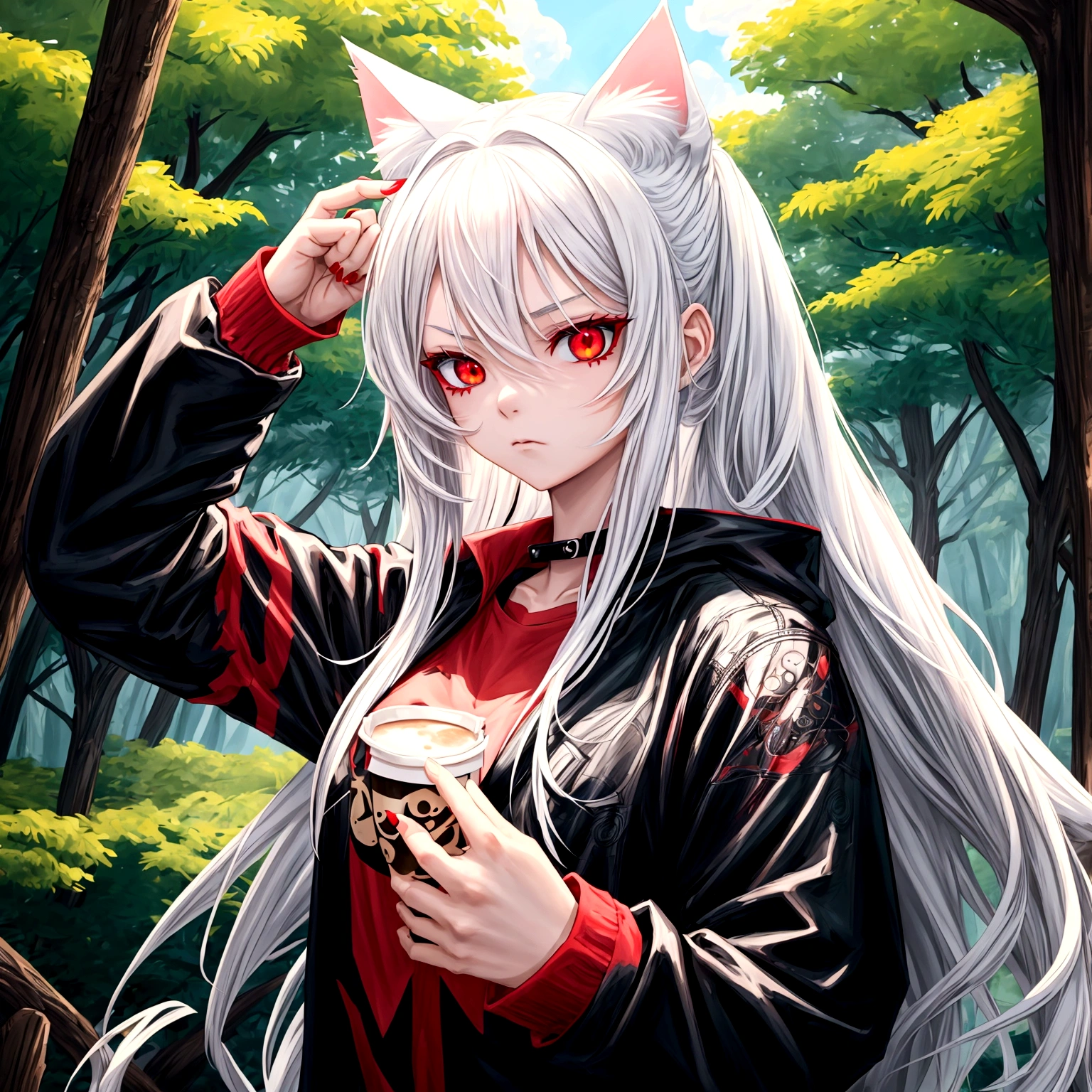 1 girl, beautiful, cool, intimidation, long hair, white hair, cat ear, red eye, black jacket, red t-shirt, holding a coffee, nature place, anime, perfect, masterpiece, no bug, no glitch