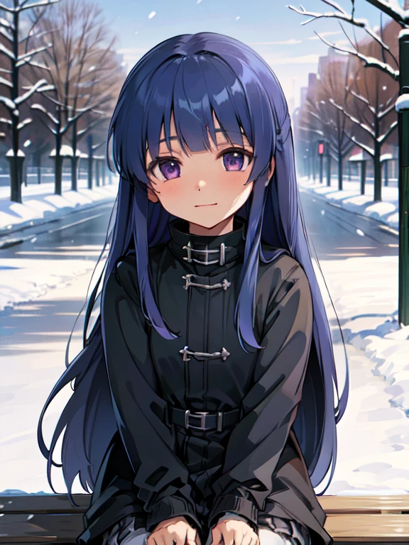 (Ultra-high resolution), (masterpiece), (Attention to detail), (high quality), (最high quality) , One Girl, (furude rika), Blue Hair, Purple eyes, Long Hair, blunt bangs, bangs,In the snowy park、A woman in a black trench coat is sitting on a bench。The snowy scenery creates a contrast、The seasonal feel is clearly expressed。
