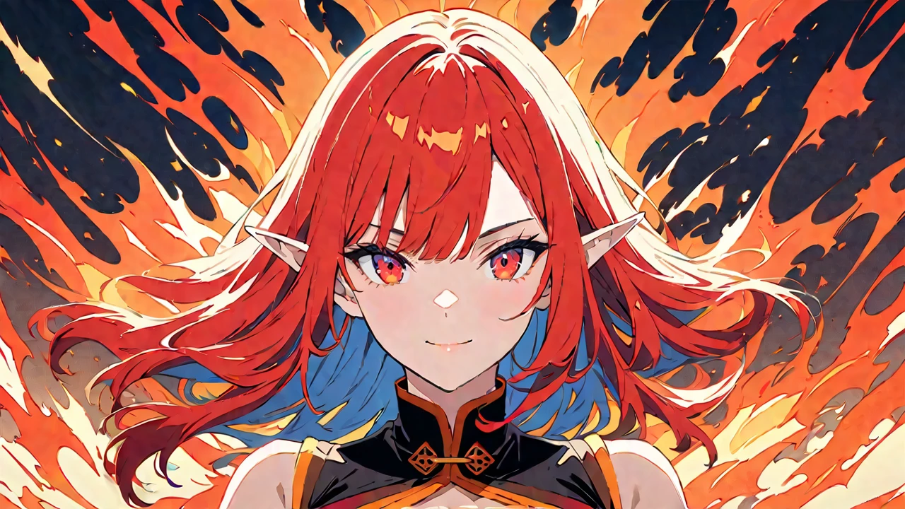 ((half body Portrait of a fire elf)), animestile, red flowing hair, shiny red eyes,( medium length pointy ears),orange fire around, flaming theme, burning atmosphere, (detailed sexy Chinese style costume:1.2), red glowing tattoos, orange crystal jewelry, light smile, mature body, colorful ,by Mappa studios,masterpiece,best quality,official art,illustration,ligne claire,(cool_color),perfect composition,absurdres, fantasy,focused,rule of third, close up portrait