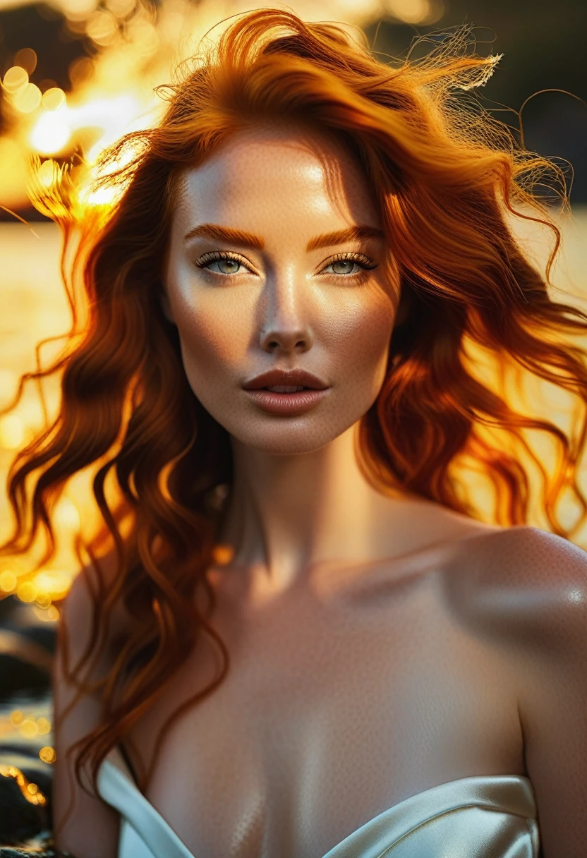 A stunning ginger-haired woman posing elegantly against a warm, golden-lit backdrop, reminiscent of Tyler Shields' edgy aesthetic. Soft, diffused light accentuates her porcelain skin and fiery locks, which cascade down her back like a river of sunset hues. Her alluring gaze meets the camera's lens, exuding confidence and sensuality. Shot on Fujifilm XT3, the image is rendered in crisp, high-contrast glory.