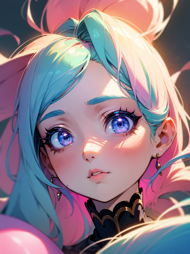 1 baby anime girl, anime style, detailed portrait, beautiful detailed eyes, beautiful detailed lips, extremely detailed face, long eyelashes, dual color hair (pink:1.5, blue:0.3), colorful pastel palette, magical fantasy setting, (best quality, 4k, 8k, highres, masterpiece:1.2), ultra-detailed, HDR, UHD, studio lighting, vivid colors, intricate details, *anime studio style*