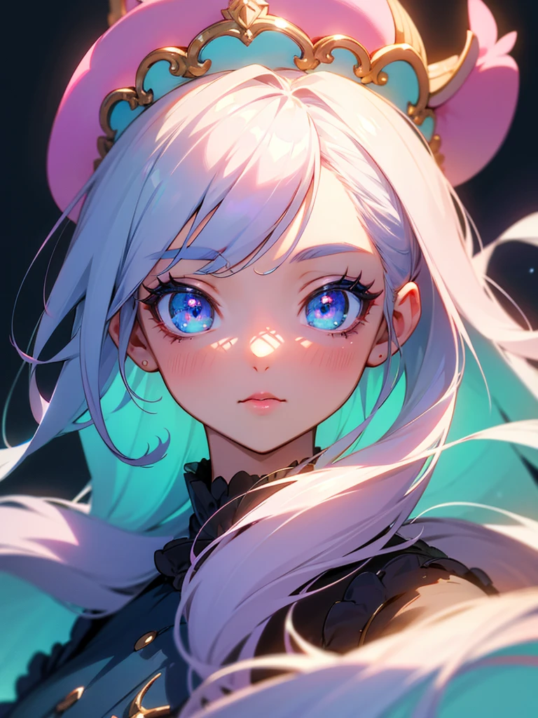 1 baby anime girl, anime style, detailed portrait, beautiful detailed eyes, beautiful detailed lips, extremely detailed face, long eyelashes, dual color hair (pink:1.5, blue:0.3), colorful pastel palette, magical fantasy setting, (best quality, 4k, 8k, highres, masterpiece:1.2), ultra-detailed, HDR, UHD, studio lighting, vivid colors, intricate details, *anime studio style*