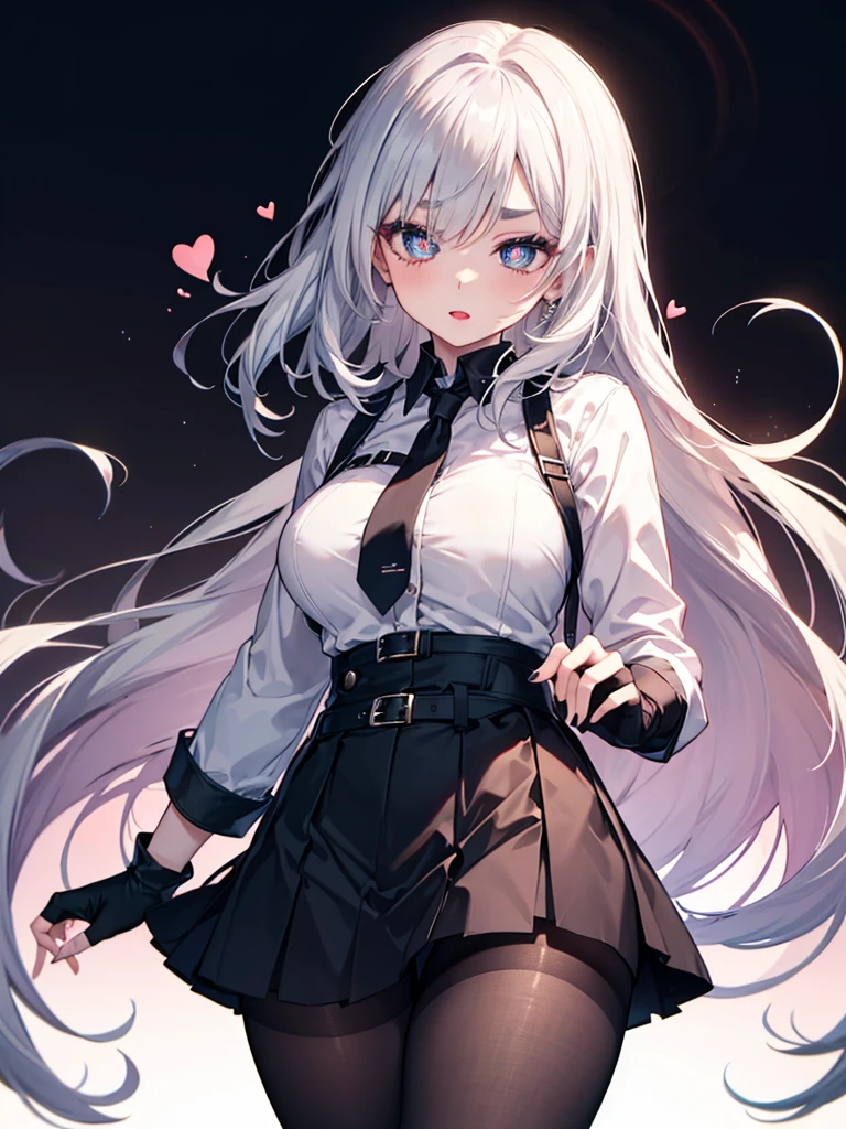 mature_female,silver hair,lipstick,eyeshadow,long_eyelashes,thick eyebrows,ahegao,jitome,heart-shaped_pupils,black_pantyhose,fingerless_gloves,,long hair,shirt,Short skirt