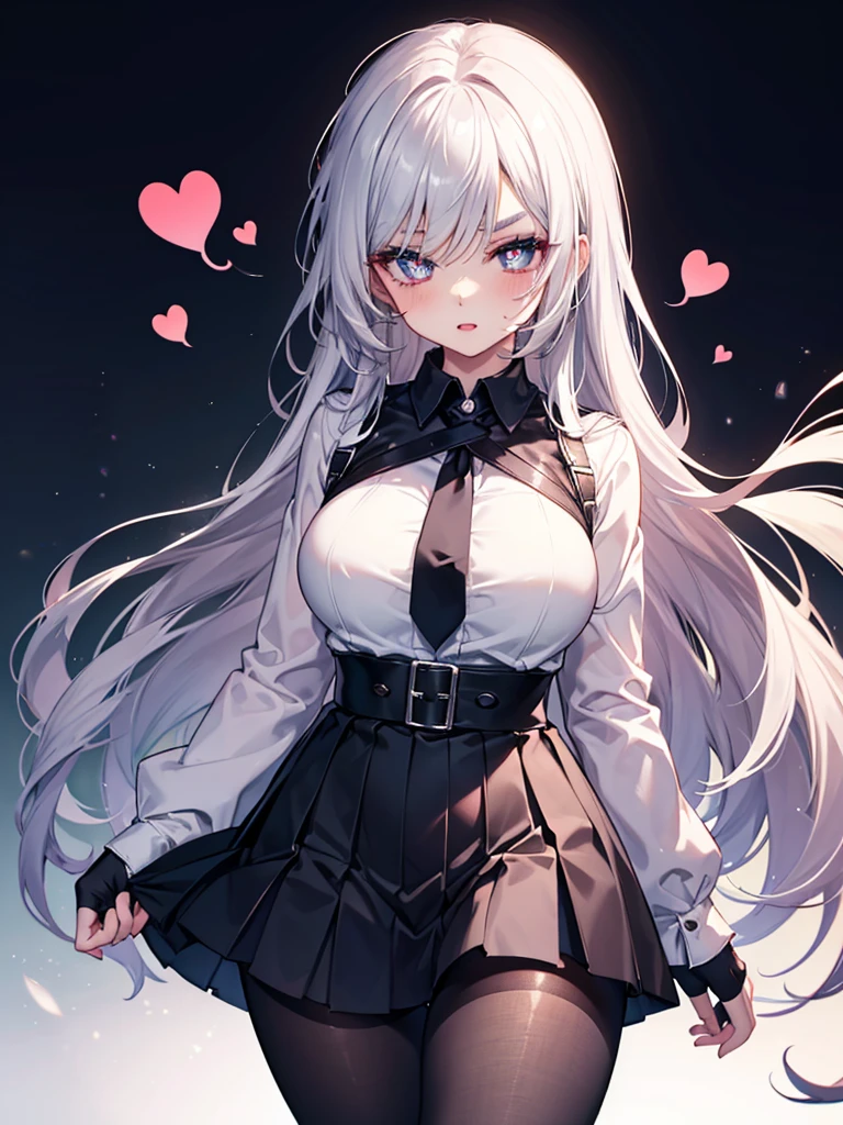 _female,silver hair,lipstick,eyeshadow,long_eyelashes,thick eyebrows,ahegao,jitome,heart-shaped_pupils,black_pantyhingerless_gloves,,long hair,shirt,Short skirt