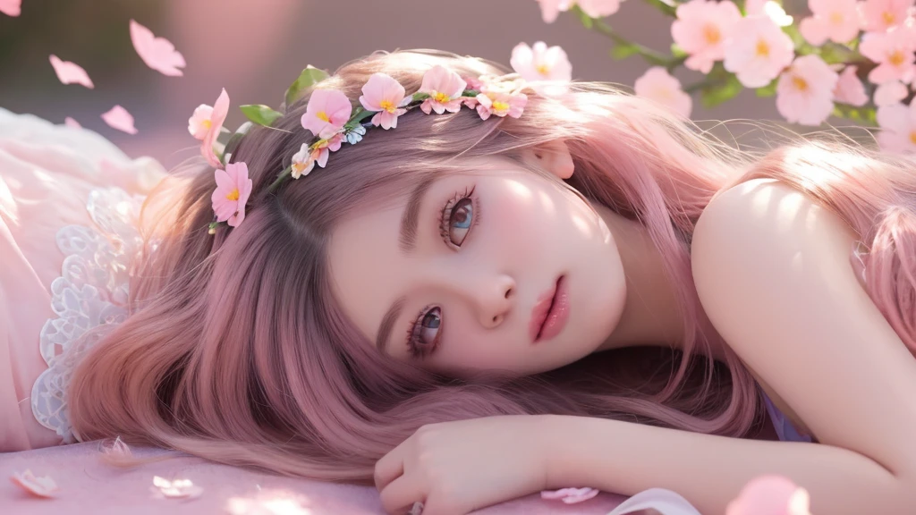 cute girl, anime, beautiful detailed eyes, beautiful detailed lips, extremely detailed face and features, long eyelashes, detailed intricate hair, flower crown, pink petals, ethereal, soft lighting, pastel colors, fantasy, whimsical, cinematic, highly detailed, 8k, hyper realistic, masterpiece