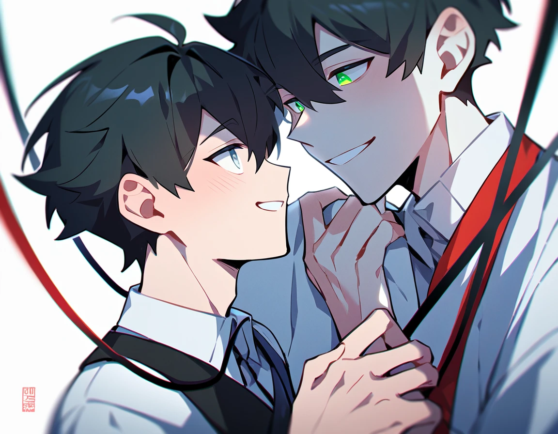 2 young men, focus man , Yaoi, pair, portable princess, bear, look elsewhere, smile, short hair, black hair, green eyes, black hair, gray eyes , 1 daughter, 2 twin sons, The best aesthetics , best quality, Amazing quality, The best aesthetics, nonsense,bright