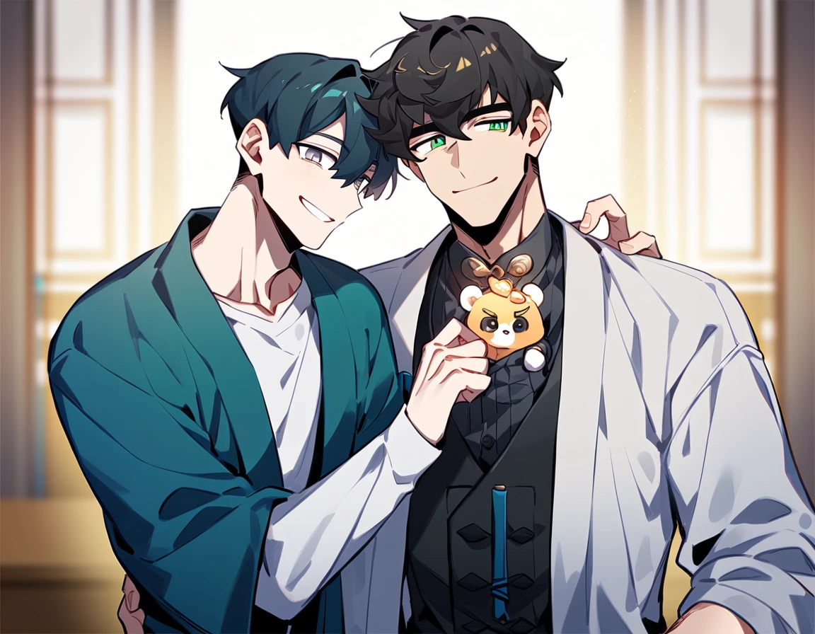 2 young men, focus man , Yaoi, pair, portable princess, bear, look elsewhere, smile, short hair, black hair, green eyes, black hair, gray eyes , 1 daughter, 2 twin sons, The best aesthetics , best quality, Amazing quality, The best aesthetics, nonsense,bright
