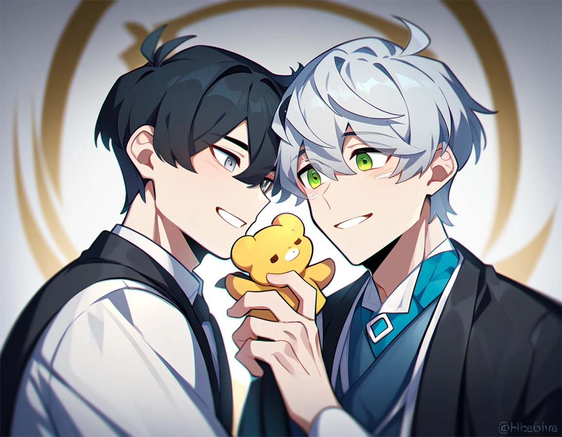 2 young men, focus man , Yaoi, pair, portable princess, bear, look elsewhere, smile, short hair, black hair, green eyes, black hair, gray eyes , 1 daughter, 2 twin sons, The best aesthetics , best quality, Amazing quality, The best aesthetics, nonsense,bright
