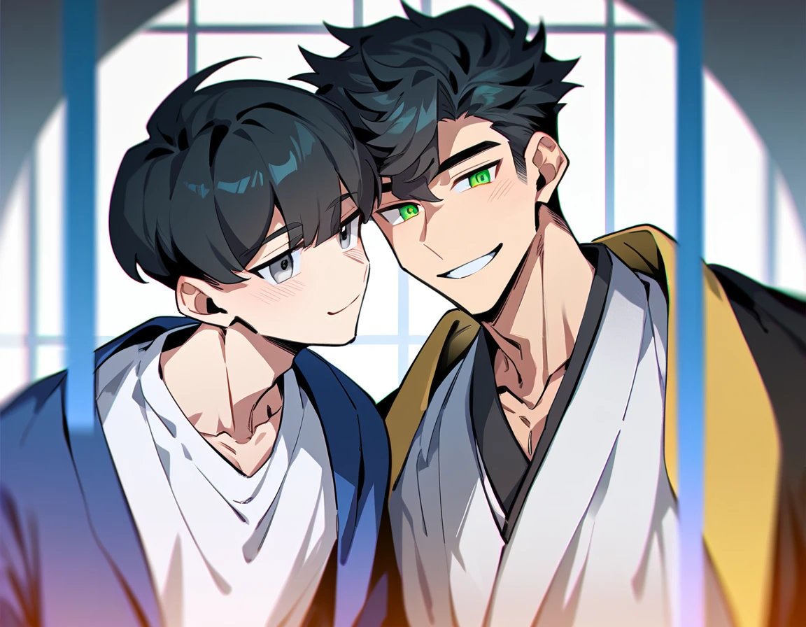2 young men, focus man , Yaoi, pair, portable princess, bear, look elsewhere, smile, short hair, black hair, green eyes, black hair, gray eyes , 1 daughter, 2 twin sons, The best aesthetics , best quality, Amazing quality, The best aesthetics, nonsense,bright