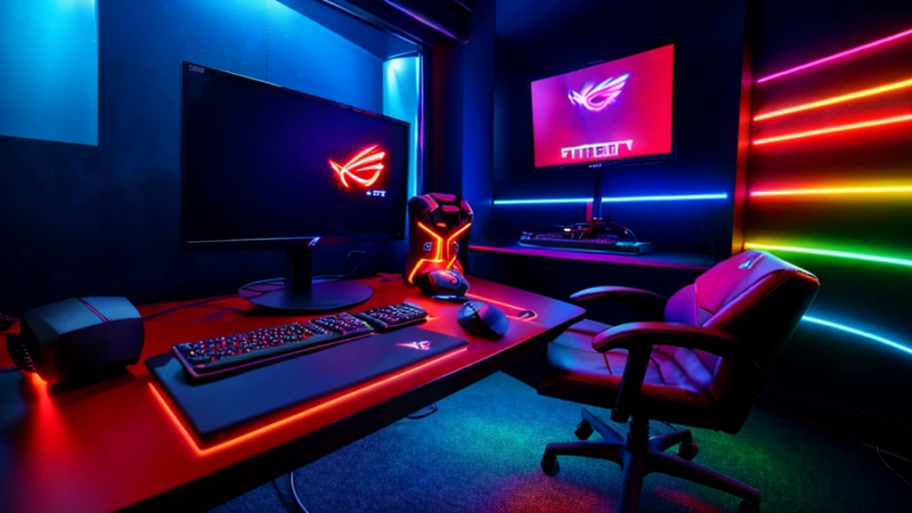 Gaming room setup, RGB lighting, gaming, AAA games, detailed gaming rig, high resolution, photorealistic, wireless keyboard and mouse, gaming chair, gaming laptop, ROG