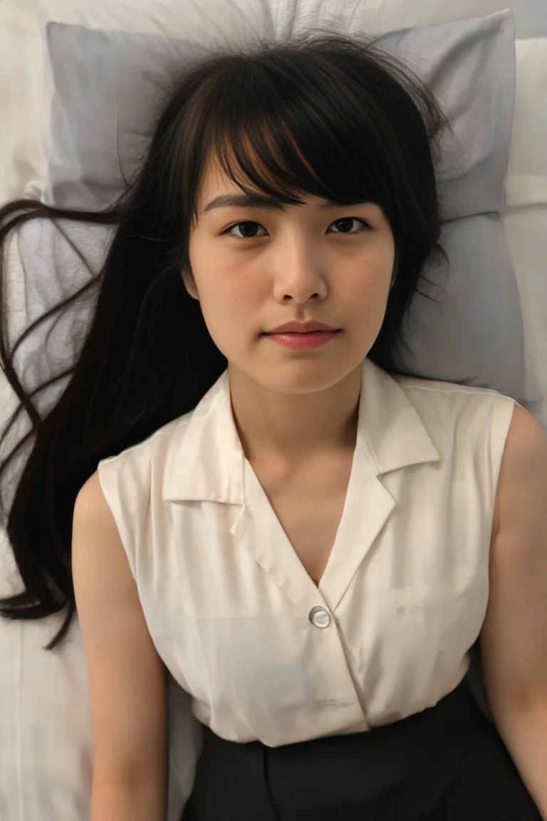 ((lying:1.5)), ((lying:1.5)), ((lying:1.5)), ((lying:1.5)), ((overhead shot:1.5)), ((overhead shot:1.5)), ((overhead shot:1.5)), ((Supine Position:1.5)), ((Photographed from directly above:1.5)), ((take a photo from directly above:1.5)), ((From above:1.5)), ((Photographed from directly above:1.5)), ((on bed:1.5)), ((on bed:1.5)), ((Hotel Bed:1.5)).
((38 years old:1.5)), ((narrow eyes:1.5)), ((narrow eyes:1.5)), ((thin eyebrows:1.5)), ((thin eyebrows:1.5)), ((thin eyebrows:1.5)), ((mature female:1.8)), ((mature female:1.8)), ((milf:1.8)), ((milf:1.8)), ((troubled eyebrows:1.8)), ((troubled eyebrows:1.8)), ((empty eyes:1.2)), ((no pupils:1.2)), ((thin eyebrows:1.5), ((beautiful straight black long hair:1.5)), ((beautiful straight black long hair:1.5)), (bangs:1.7), (small natural breasts:1,7), ((flat chest:1.8)).
((embarrassed:1.8)), ((in heat:1.8)), ((drunken eyes:1.5)).
((one woman,1 female)), ((wearing a transparent white blouse:1.5)), ((mini skirt:1.5)).
((looking at viewer:1.5)), ((look into the viewer's eyes:1.5)), ((Looking into the camera:1.5)), ((Viewer's line of sight:1.5)), strong maternal qualities, Staring at this, Face is close, Staring at this, Ultra-fine, Beautiful Hair, Transparent Photo, Have a look at this, Perfect Fingers, Perfect Face, Detailed Background, Fair skin, Translucent white skin, Perfect Fingers, Detailed Background, Highest quality, very High resolution, Perfect Anatomy, High resolution, RAW color photos, Professional photography, Very delicate, Very detailed, Finely detailed, Large file size, Best image quality, 16K, Award-winning works, Tabletop, Professional Photography,
