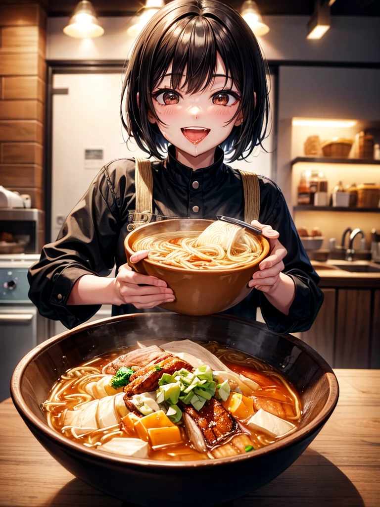 Highest Resolution,Highest quality,Smiling while looking at the ramen,Girl with open mouth and saliva dripping,Black short hair,up,
