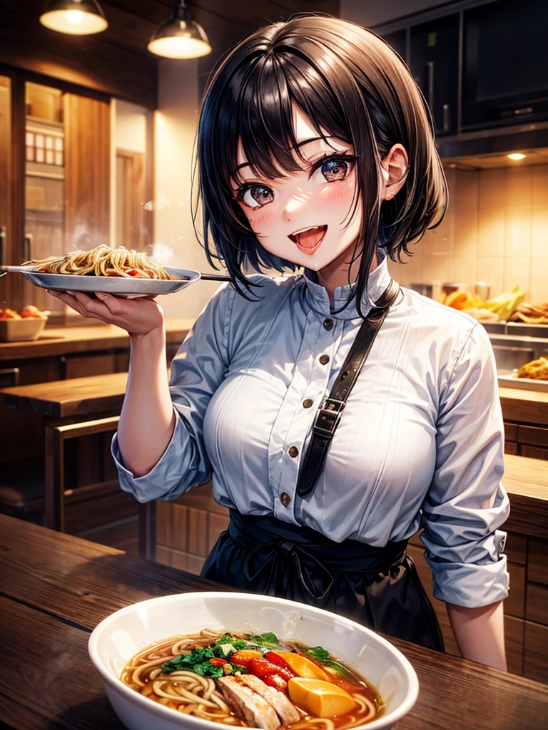Highest Resolution,Highest quality,Smiling while looking at the ramen,Girl with open mouth and saliva dripping,Black short hair,up,