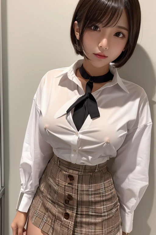 One girl,uniform,Button unbuttoned White shirt,Brown checked mini skirt,short hair,Tanned dark skin,choker,Shiny skin,Big Breasts,Nipples,highteen,Clothes stick with sweat,Japanese,Korean,Emphasize the chest