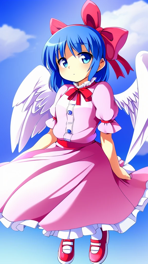 masterpiece, best quality, 1girl, , , 10 years old, medium blue hair, hair flaps, pink ribbon on head, well-formed face, blue eyes, angel girl, white blouse, puffy short sleeves, red ribbon, angel wings, long white skirt, red shoes, frills, ribbon head