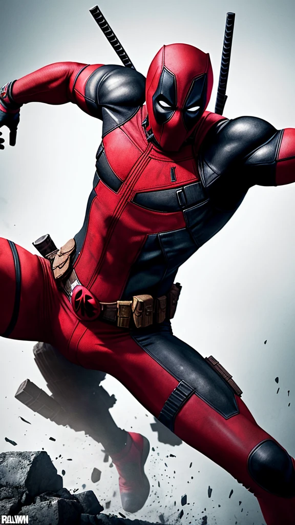 An idealized image of Deadpool that captures the essence of the character in an iconic and aesthetically stunning manner. Deadpool is portrayed in a dynamic and imposing pose, with every detail of his attire, weapons, and facial expression carefully crafted to convey his unique personality. Vivid and vibrant colors stand out against a backdrop that evokes a sense of controlled chaos, with brutal and urban elements that complement the nature of the anti-hero. The overall composition is elegant and powerful, capturing the perfect balance between the brutality and sophistication that defines Deadpool.
