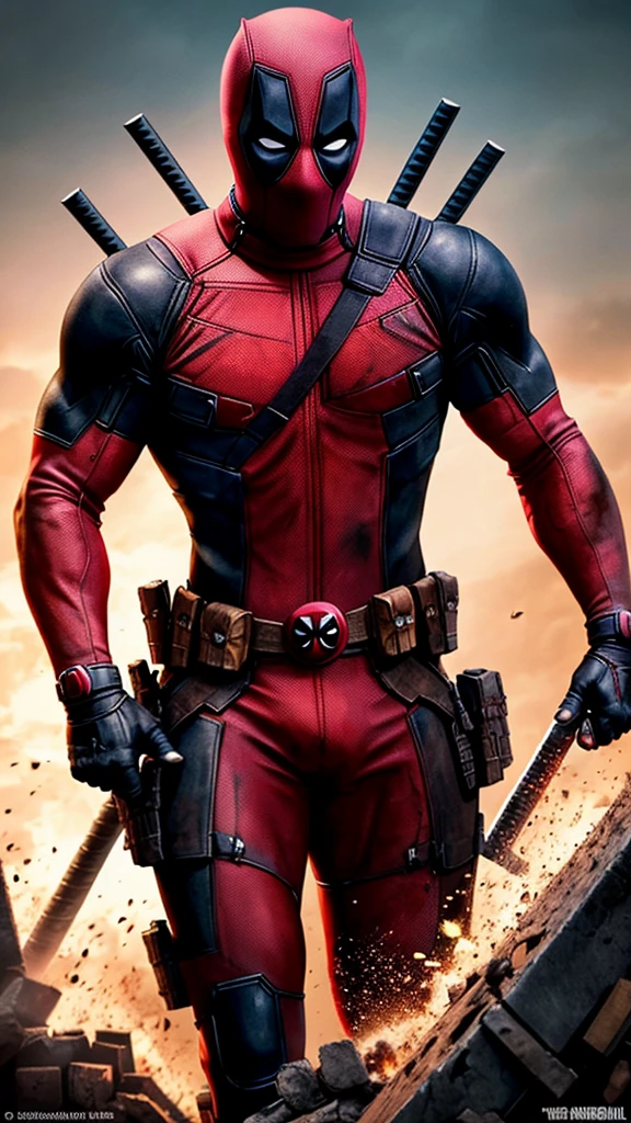 An idealized image of Deadpool that captures the essence of the character in an iconic and aesthetically stunning manner. Deadpool is portrayed in a dynamic and imposing pose, with every detail of his attire, weapons, and facial expression carefully crafted to convey his unique personality. Vivid and vibrant colors stand out against a backdrop that evokes a sense of controlled chaos, with brutal and urban elements that complement the nature of the anti-hero. The overall composition is elegant and powerful, capturing the perfect balance between the brutality and sophistication that defines Deadpool.