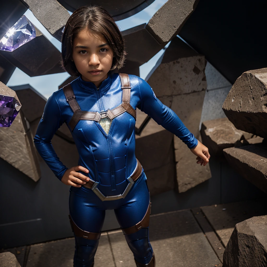 Full body view of an bi-racial girl with short brown hair and dark brown eyes wearing a blue superhero suit with an amethyst crystal in the center of her suit