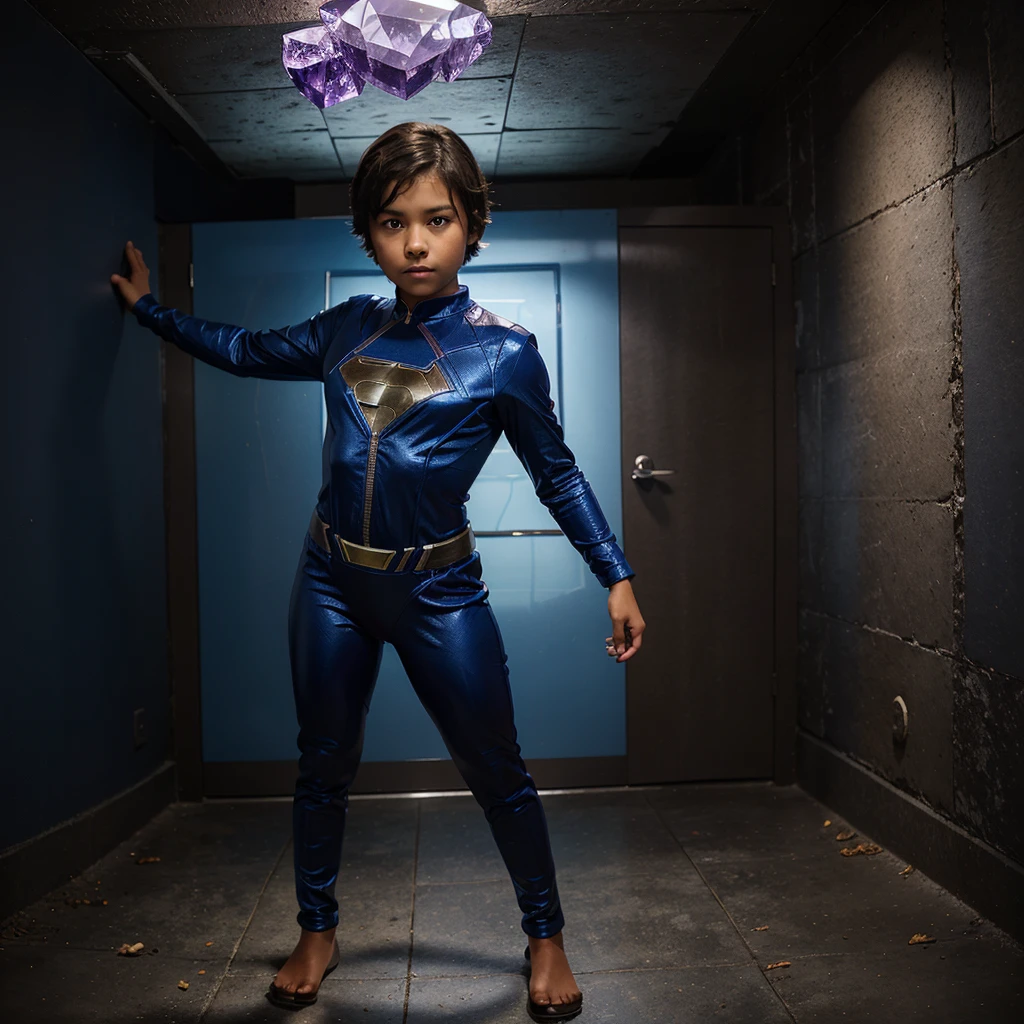 Full body view of an bi-racial girl with short brown hair and dark brown eyes wearing a blue superhero suit with an amethyst crystal in the center of her suit
