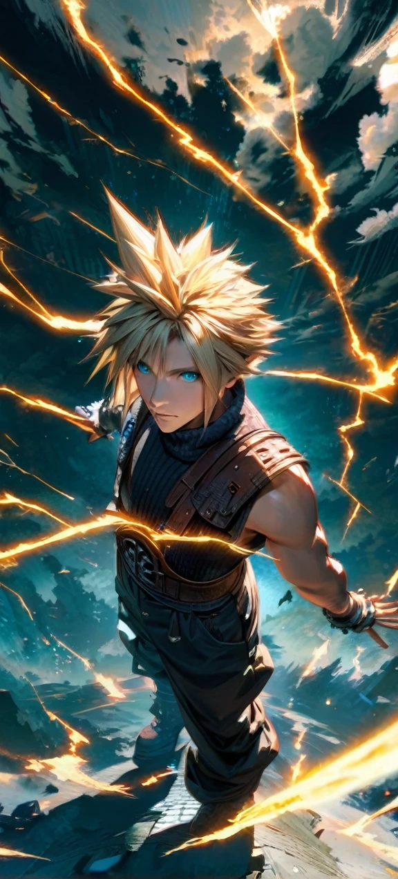 Symetrical,absurdres, highres, ultra detailed, HDR, masterpiece, extremely detailed face and eyes, Cloud Strife,final fantasy 7, yellow hair , , solo, man, handsome, ,, , cool pose, yellow lightning effect, glowing glitters, symetrical , full body view